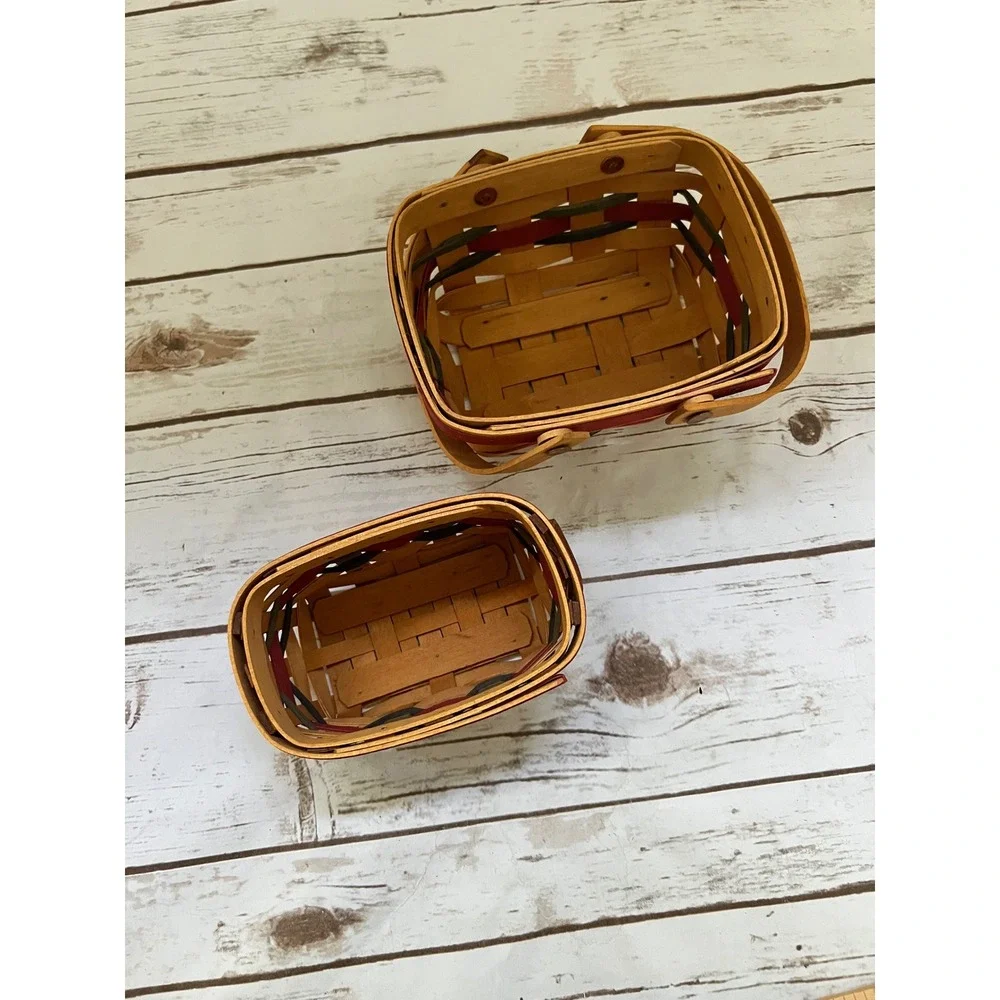 VTG Longaberger Handwoven Baskets Red Green Handles Set of 2